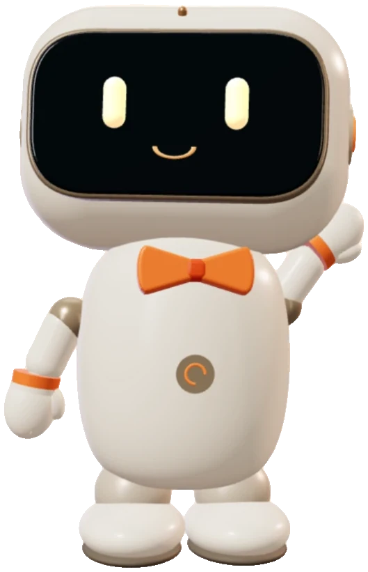 Alfred, a friendly white robot in an orange bow tie, waving hello
